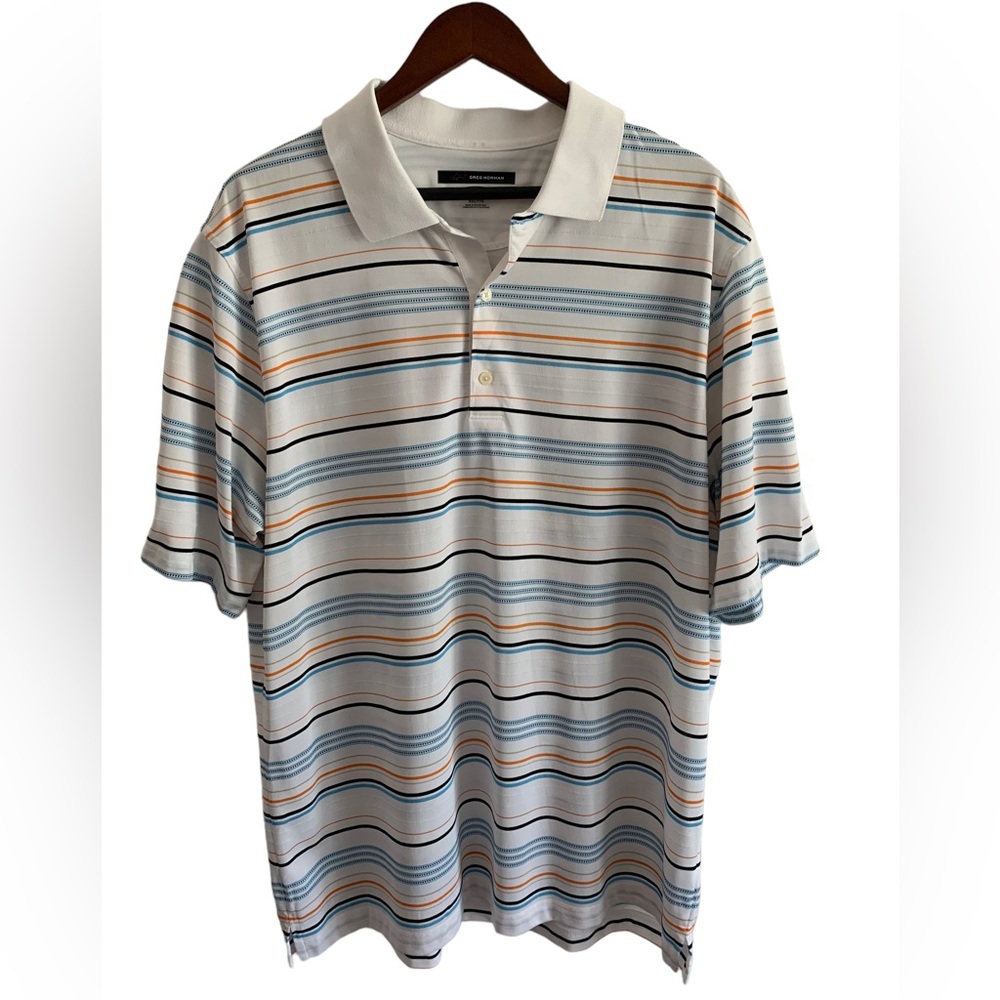 Greg Norman Play Dry button up casual stripe polo white blue orange Golf XXL